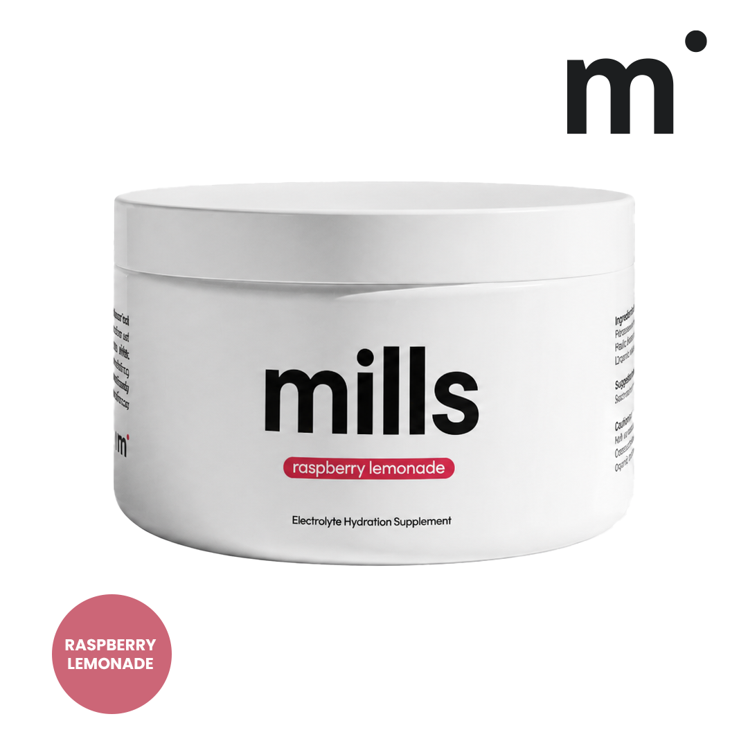 Mills Raspberry Lemonade electrolyte powder, white with a raspberry accent