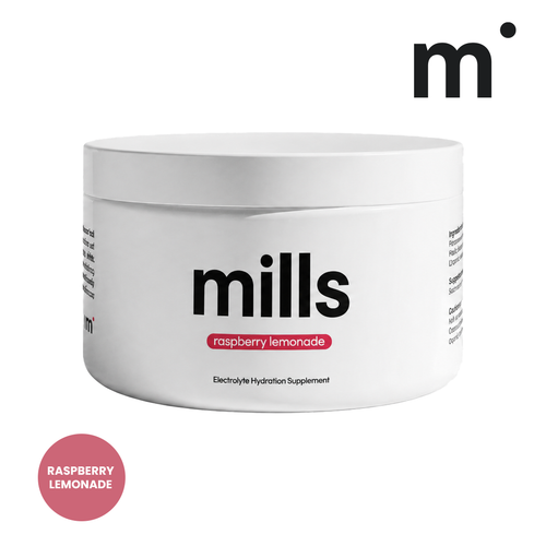 Mills Raspberry Lemonade electrolyte powder, white with a raspberry accent
