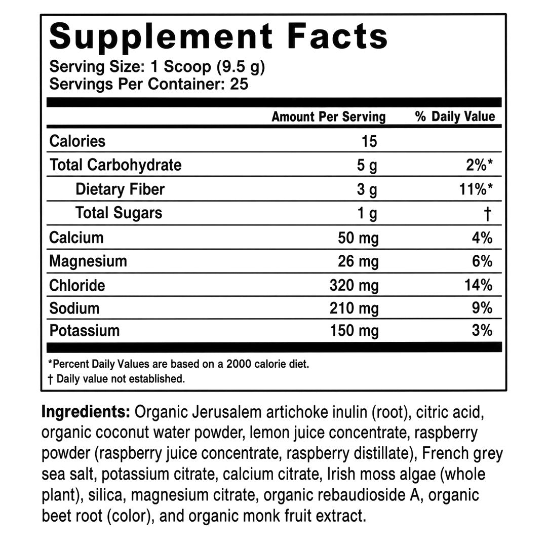 The Mills Raspberry Lemonade Supplement Facts panel with the full ingredient list