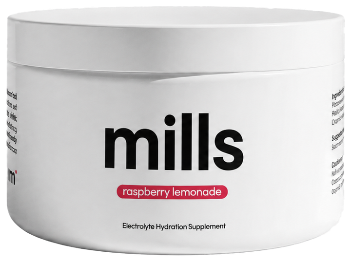 Mills Raspberry Lemonade Electrolyte Powder, white with a raspberry accent
